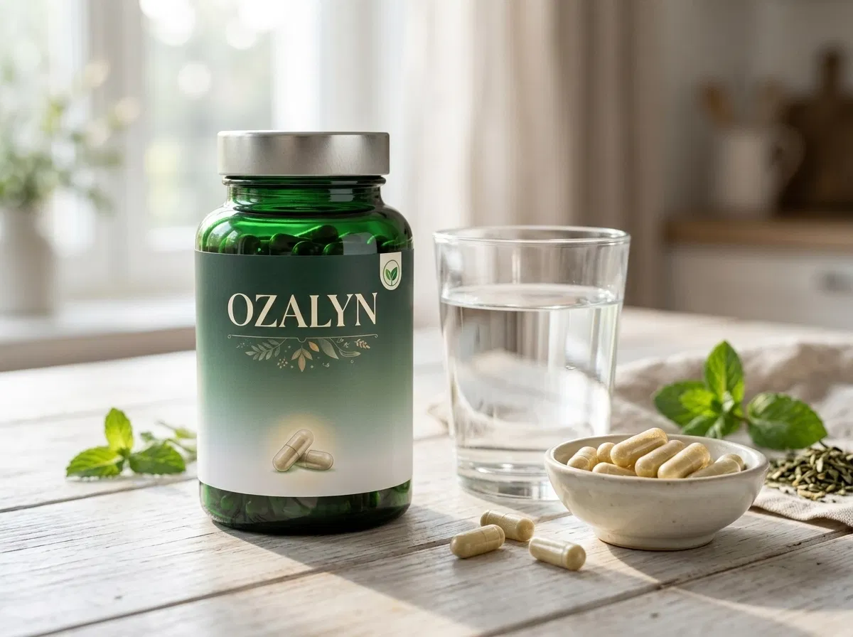 Ozalyn voedingssupplement fles detail &mdash; botanisch etiket